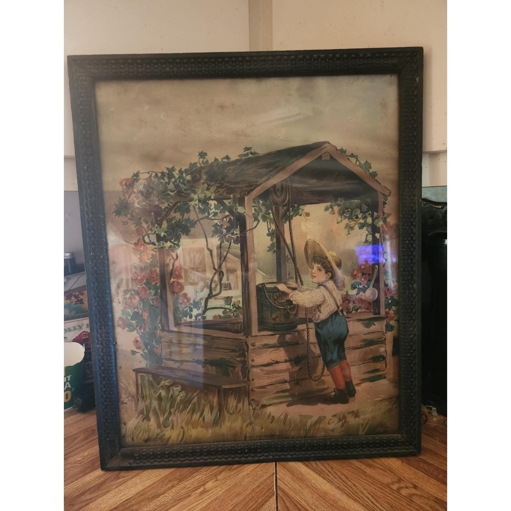 Antique Wood Framed Victorian Lithograph Print "OLD OAKEN BUCKET" Boy at Well - Picture 1 of 9